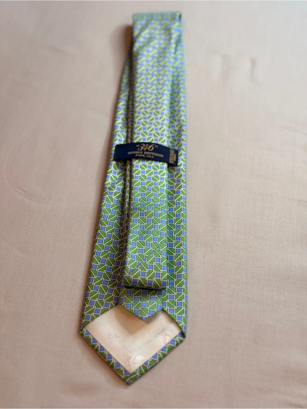 Brooks Brothers Green, Blue & White Geometric Silk Tie